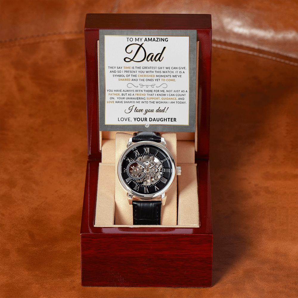 Gift For Dad, From Daughter - Men's Openwork Watch + Box - Thoughtful Father's Day, Christmas or Birthday Gift For Him