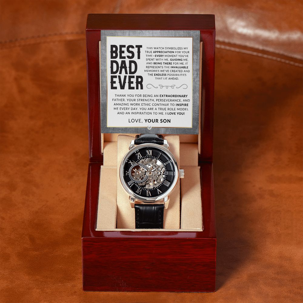 Dad Gift, From His Son - Men's Openwork Watch + Box - Thoughtful Father's Day, Christmas or Birthday Gift For Him