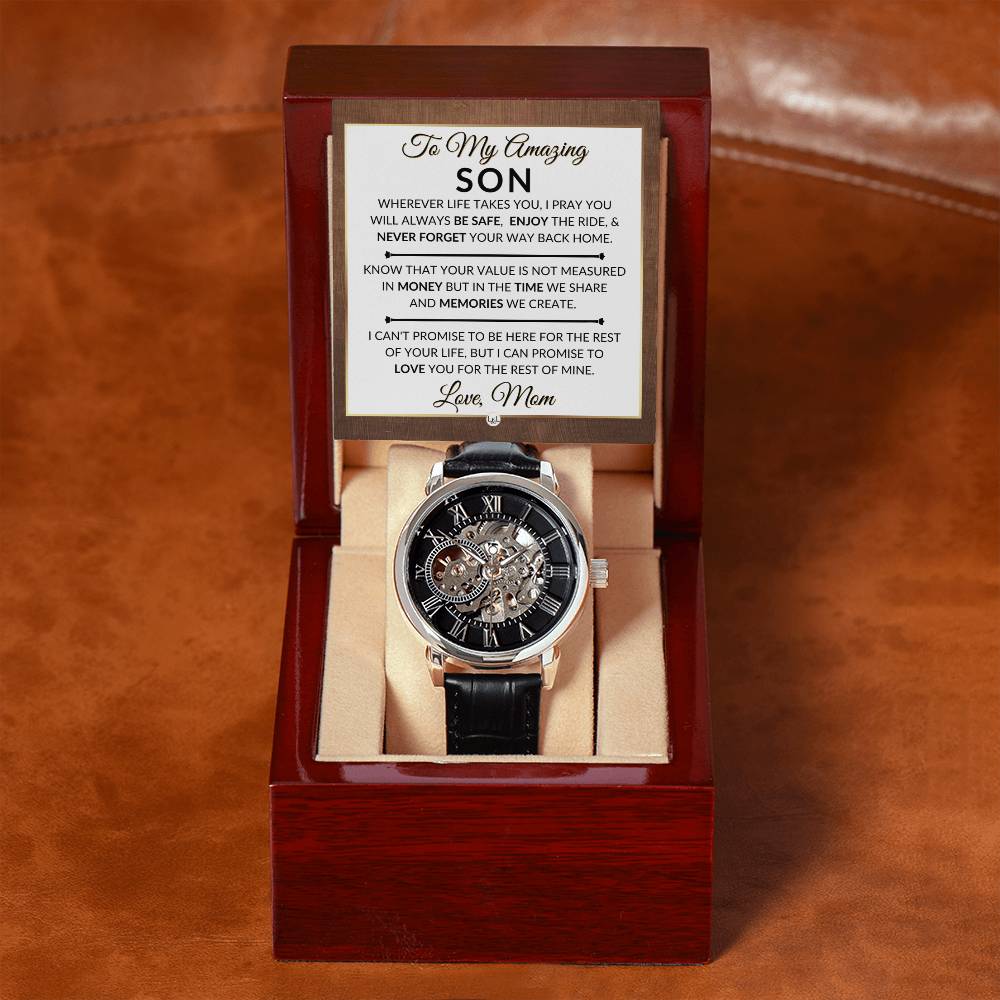 Gift For Son From Mom - Never Forget Your Way Home - Men's Openwork Skeleton Watch + LED Watch Box - Great Christmas, Birthday, or Graduation Gift - Liliana and Liam
