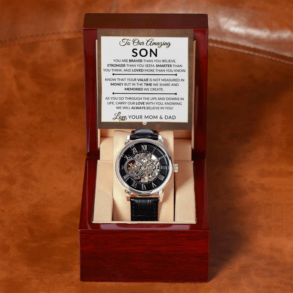 Gift For Our Son From Mom and Dad - Carry Our Love With You - Men's Openwork Skeleton Watch + LED Watch Box - Great Christmas, Birthday, or Graduation Gift