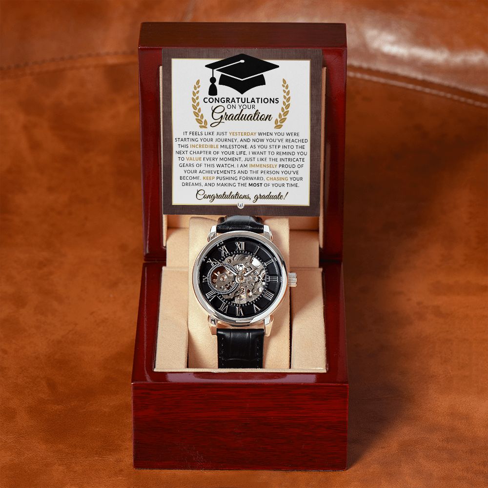 2024 Graduate Gift For Him - Men's Openwork Watch + Watch Box - Great 2024 Graduation Gift Idea For Him