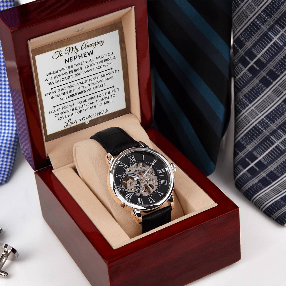 Gift For Nephew From Uncle - Never Forget Your Way Home - Men's Openwork Skeleton Watch + LED Watch Box - Great Christmas, Birthday, or Graduation Gift - Liliana and Liam