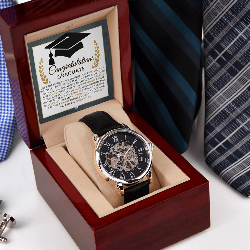2024 Graduation Gift For Him - Men's Openwork Watch + Watch Box - Great 2024 Graduation Gift Idea For Him