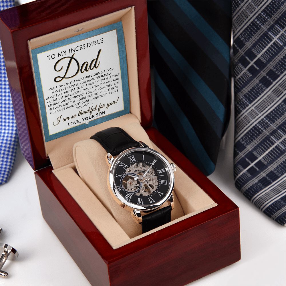 Gift For My Dad, From Son - Men's Openwork Watch + Box - Thoughtful Father's Day, Christmas or Birthday Gift For Him