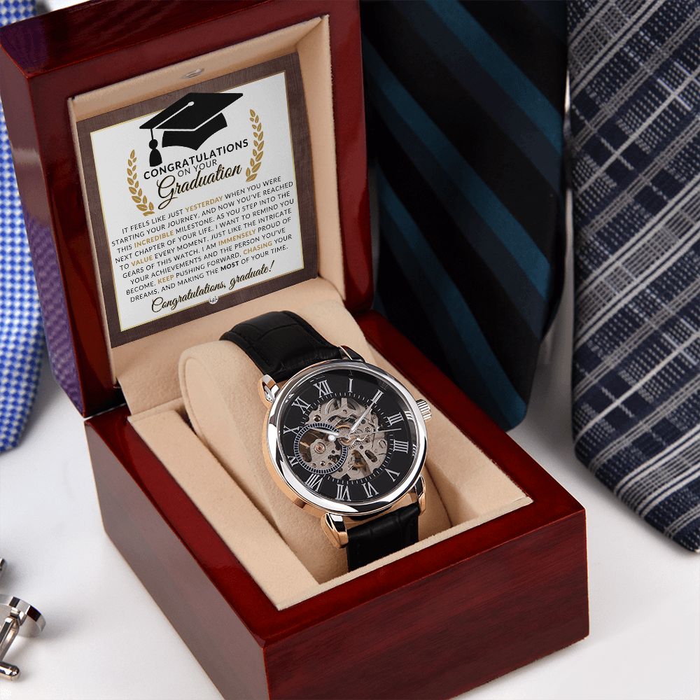 2024 Graduate Gift For Him - Men's Openwork Watch + Watch Box - Great 2024 Graduation Gift Idea For Him