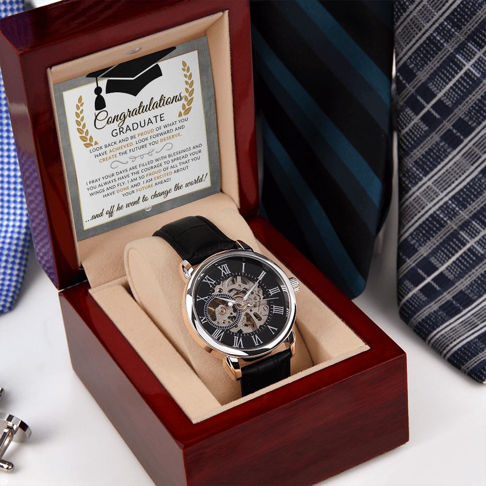 Graduate Gift For A Guy - Men's Openwork Watch + Watch Box - Great 2024 Graduation Gift Idea For Him