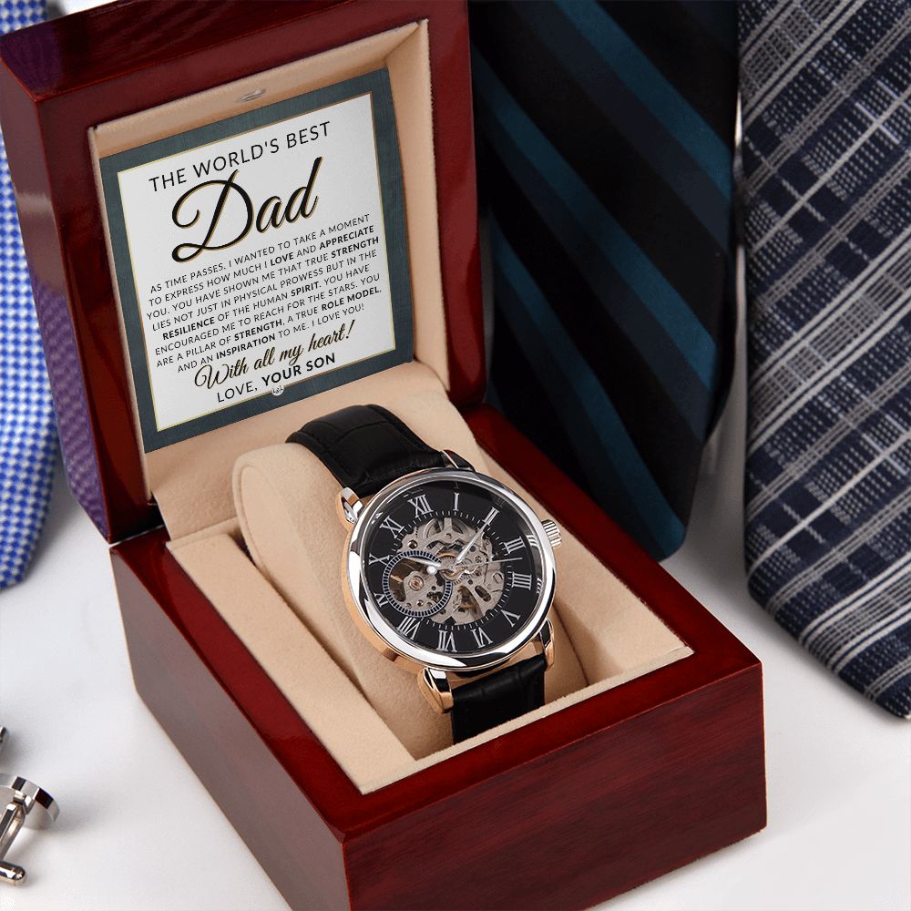 World's Best Dad, From Son - Men's Openwork Watch + Box - Thoughtful Father's Day, Christmas or Birthday Gift For Him