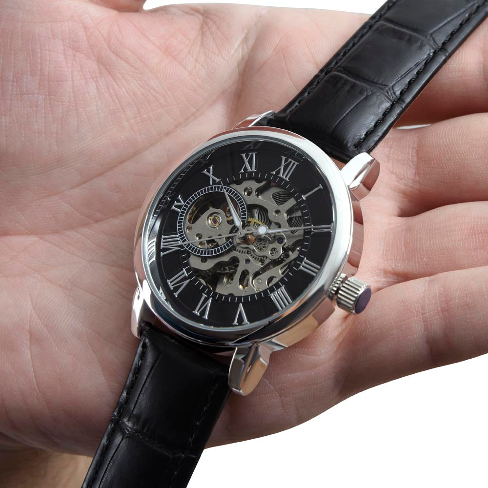 Godson Gift From Godfather- You Can Achieve Anything - Men's Openwork Skeleton Watch + LED Watch Box - Great Christmas, Birthday, or Graduation Gift