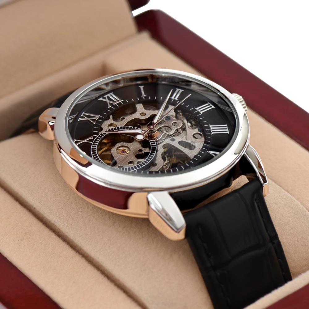 Gift For Our Son From His Mom and Dad - We Closed Our Eyes - Men's Openwork Skeleton Watch + LED Watch Box - Great Christmas, Birthday, or Graduation Gift