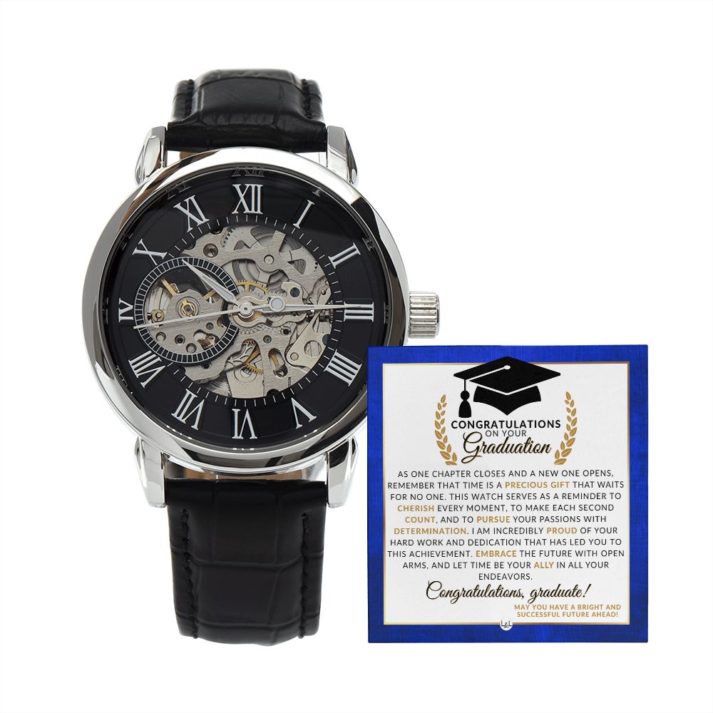 Graduate Gift For His Graduation - Men's Openwork Watch + Watch Box - Great 2024 Graduation Gift Idea For Him