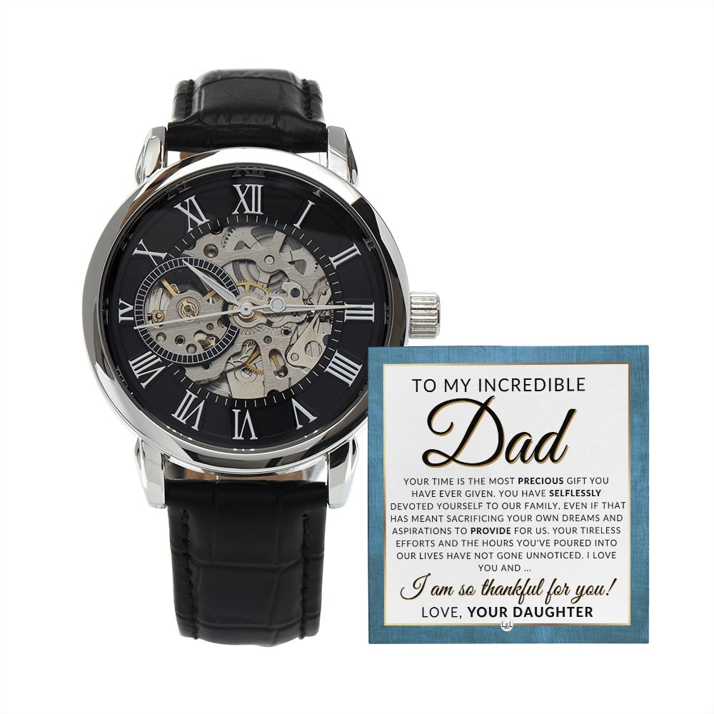 Gift For My Dad, From Daughter - Men's Openwork Watch + Box - Thoughtful Father's Day, Christmas or Birthday Gift For Him
