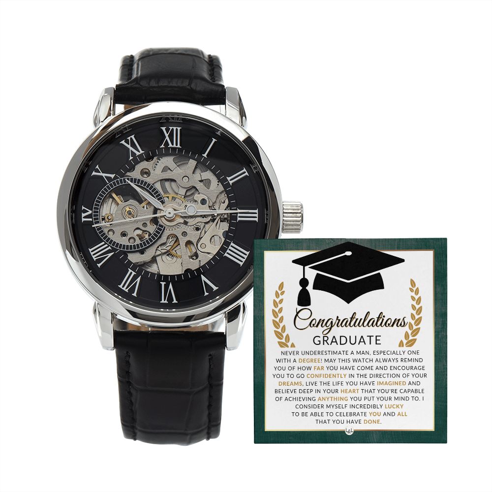 Graduation Gift For Him - Men's Openwork Watch + Watch Box - Great 2024 Graduation Gift Idea For Him