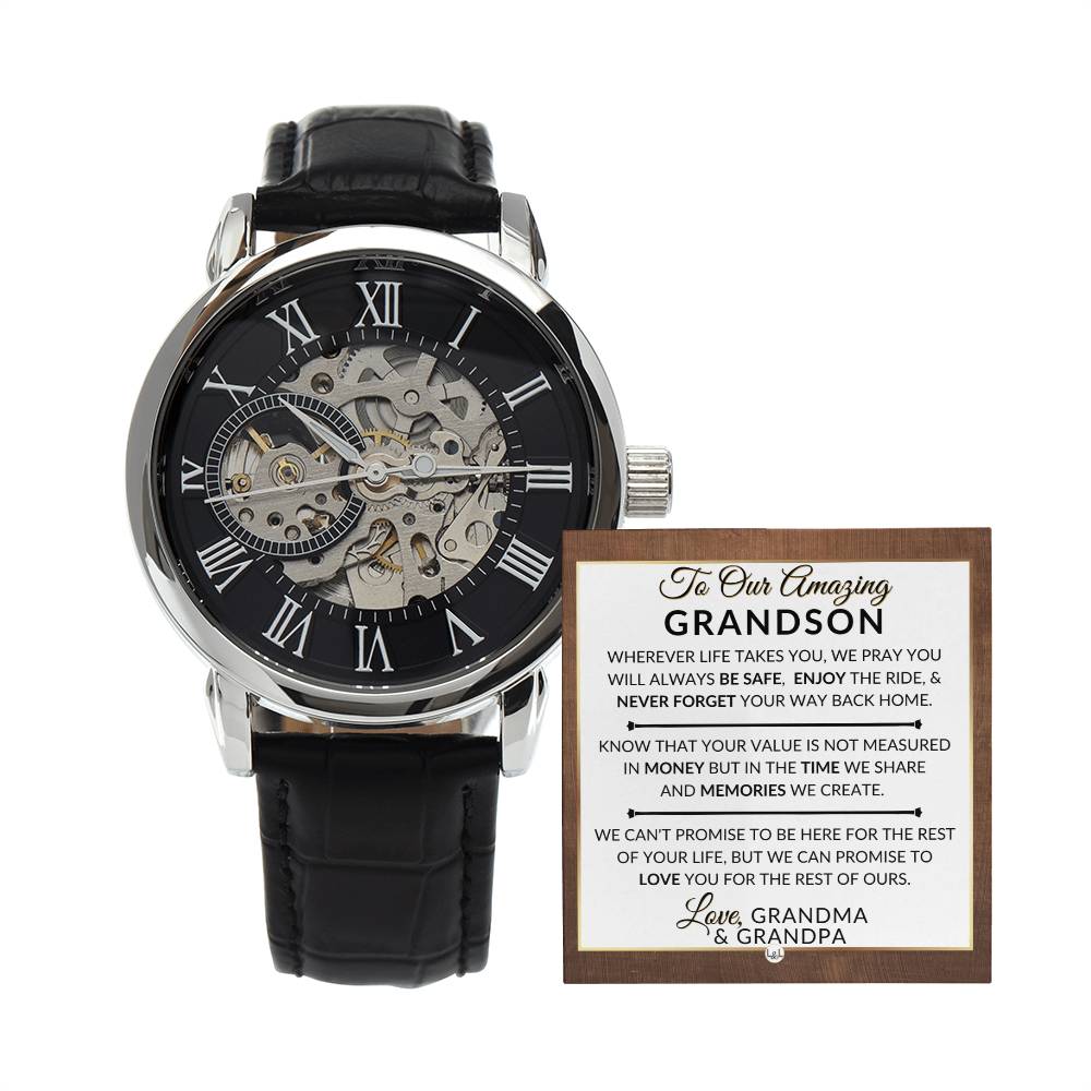 Gift For Our Grandson From Grandma and Grandpa - Never Forget Your Way Home - Men's Openwork Skeleton Watch + LED Watch Box - Great Christmas, Birthday, or Graduation Gift