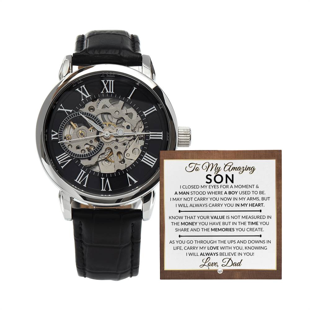 Gift For My Son From His Dad - I Closed My Eyes - Men's Openwork Skeleton Watch + LED Watch Box - Great Christmas, Birthday, or Graduation Gift - Liliana and Liam