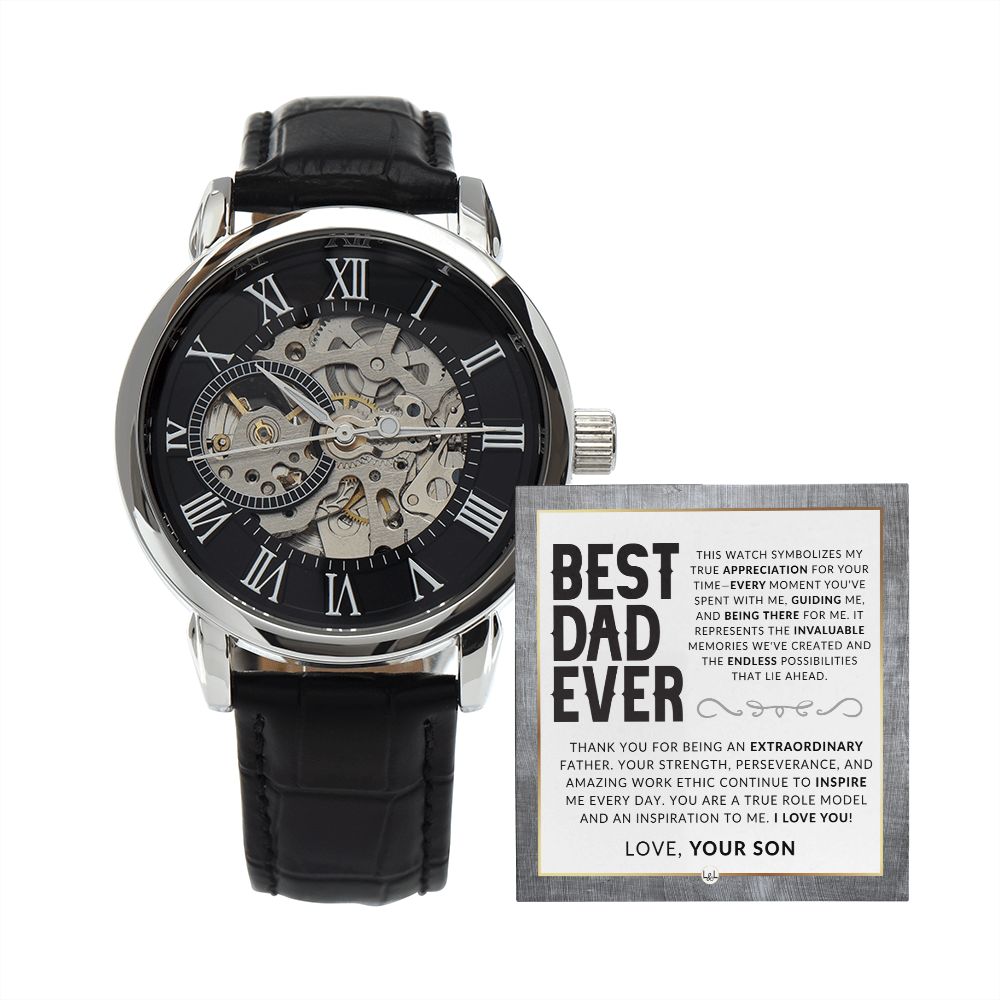 Dad Gift, From His Son - Men's Openwork Watch + Box - Thoughtful Father's Day, Christmas or Birthday Gift For Him