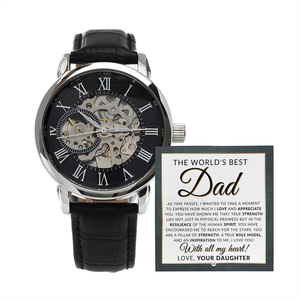 World's Best Dad, From Daughter - Men's Openwork Watch + Box - Thoughtful Father's Day, Christmas or Birthday Gift For Him