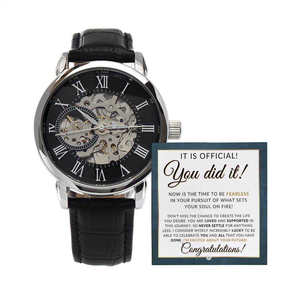 Congratulations - Graduation Gift For Him - Men's Openwork Watch + Watch Box - Great 2024 Graduation Gift Idea For Him