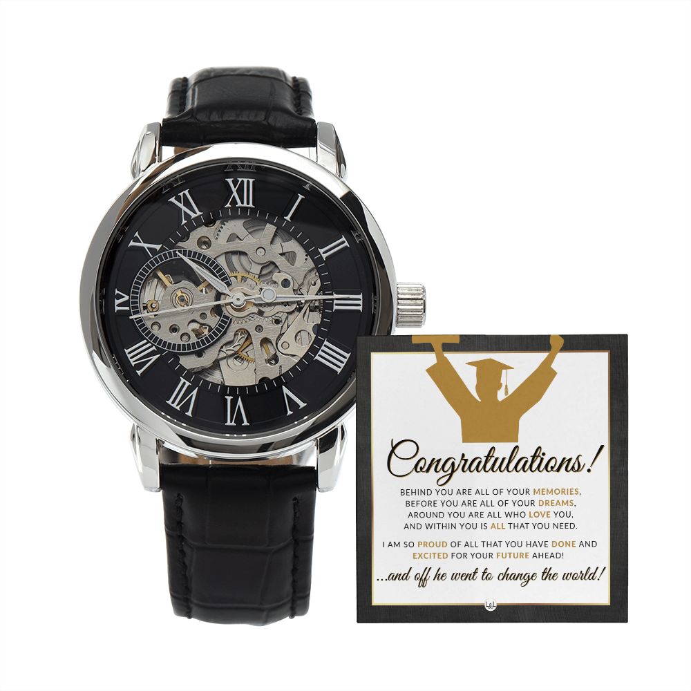 2024 Graduation Gift For A Guy - Men's Openwork Watch + Watch Box - Great 2024 Graduation Gift Idea For Him