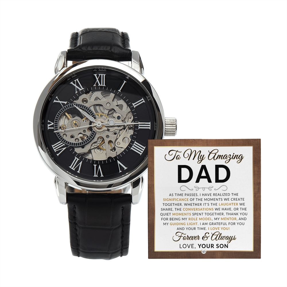 Dad Gift, From Son - Men's Openwork Watch + Box - Thoughtful Father's Day, Christmas or Birthday Gift For Him