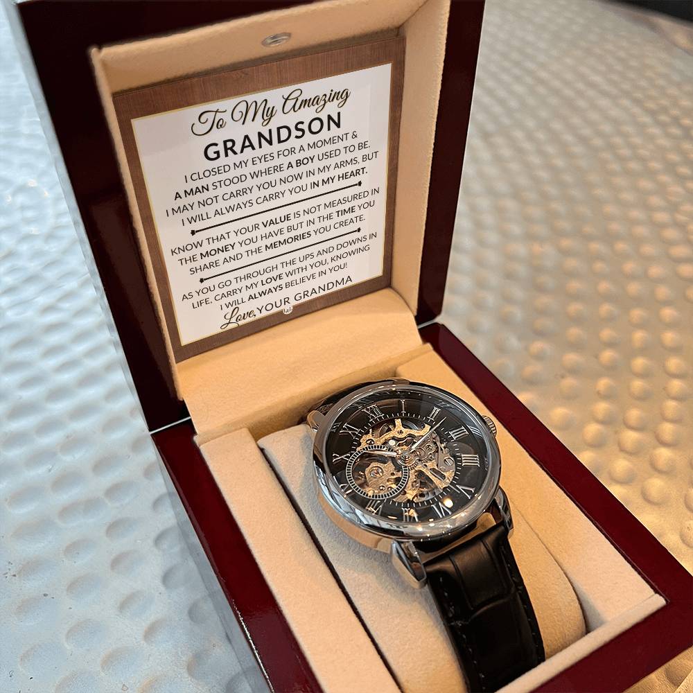 Gift For My Grandson From His Grandma - I Closed My Eyes - Men's Openwork Skeleton Watch + LED Watch Box - Great Christmas, Birthday, or Graduation Gift