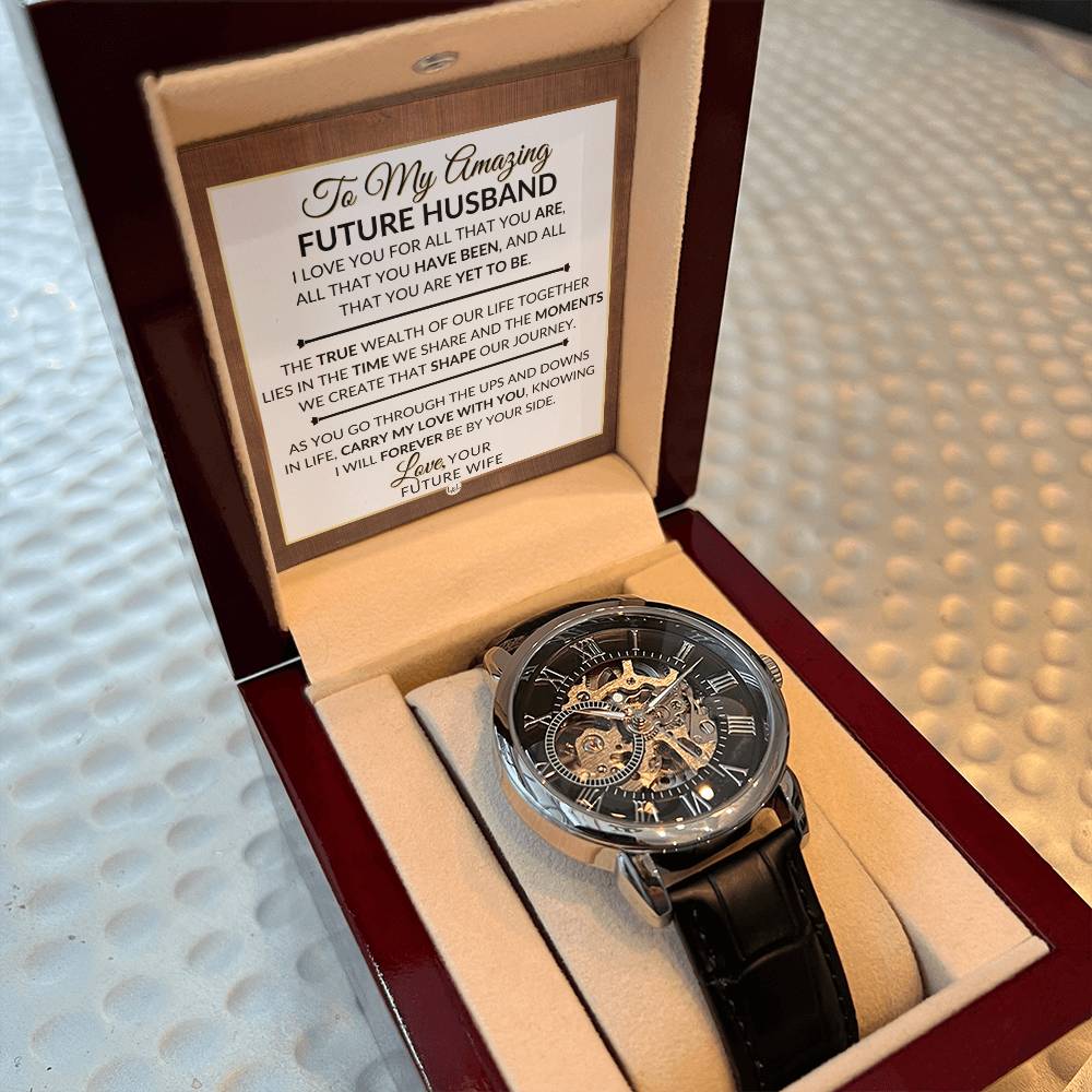 Surprise Gift For Future Husband, Fiance, From Future Wife - For All That You Are - Men's Openwork Skeleton Watch + LED Watch Box - Great Christmas, Birthday, or Anniversary Gift