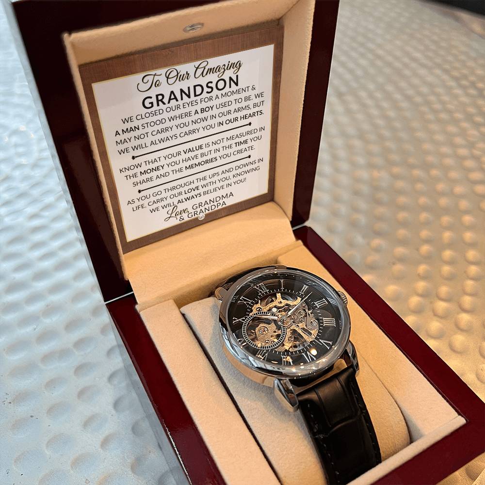 Gift For Our Grandson From His Grandma and Grandpa - We Closed Our Eyes - Men's Openwork Skeleton Watch + LED Watch Box - Great Christmas, Birthday, or Graduation Gift