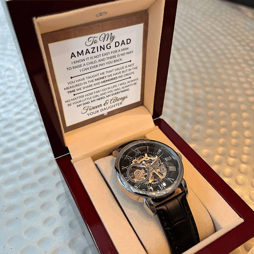 Dad Gift From Daughter - My Dad, My Hero, My Everything - Men's Openwork Skeleton Watch + LED Watch Box - Great Christmas, Birthday, or Retirement Gift