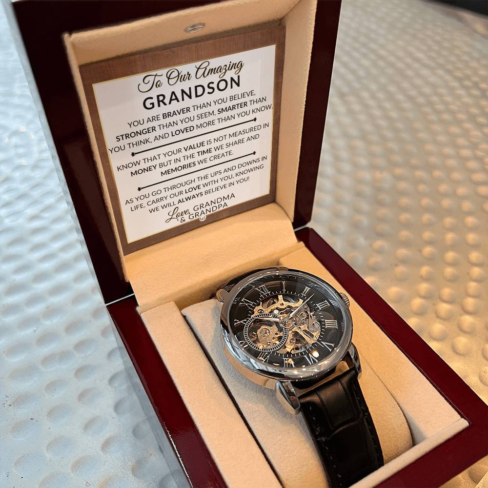 Gift For Our Grandson From Grandma and Grandpa - Carry Our Love With You - Men's Openwork Skeleton Watch + LED Watch Box - Great Christmas, Birthday, or Graduation Gift