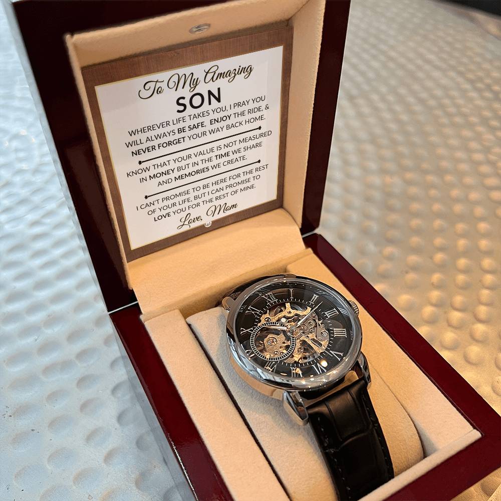 Gift For Son From Mom - Never Forget Your Way Home - Men's Openwork Skeleton Watch + LED Watch Box - Great Christmas, Birthday, or Graduation Gift - Liliana and Liam