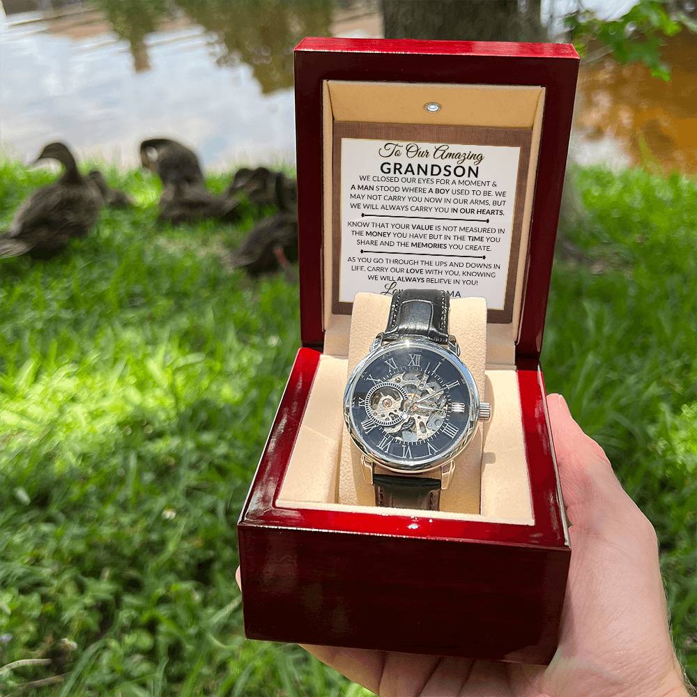 Gift For Our Grandson From His Grandma and Grandpa - We Closed Our Eyes - Men's Openwork Skeleton Watch + LED Watch Box - Great Christmas, Birthday, or Graduation Gift