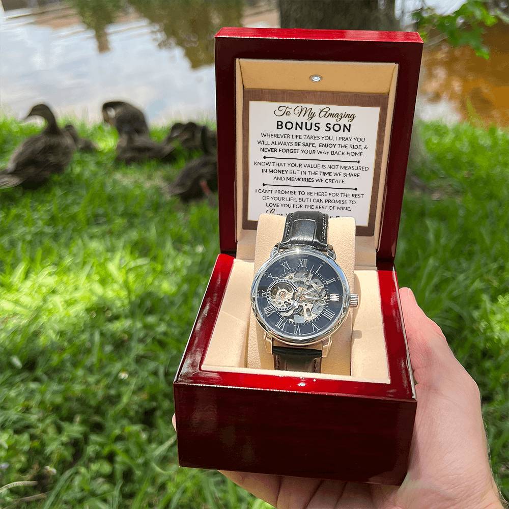 Never Forget Your Way Home - Openwork Skeleton Watch + LED Watch Box - Gift For Bonus Son From Bonus Dad - Liliana and Liam