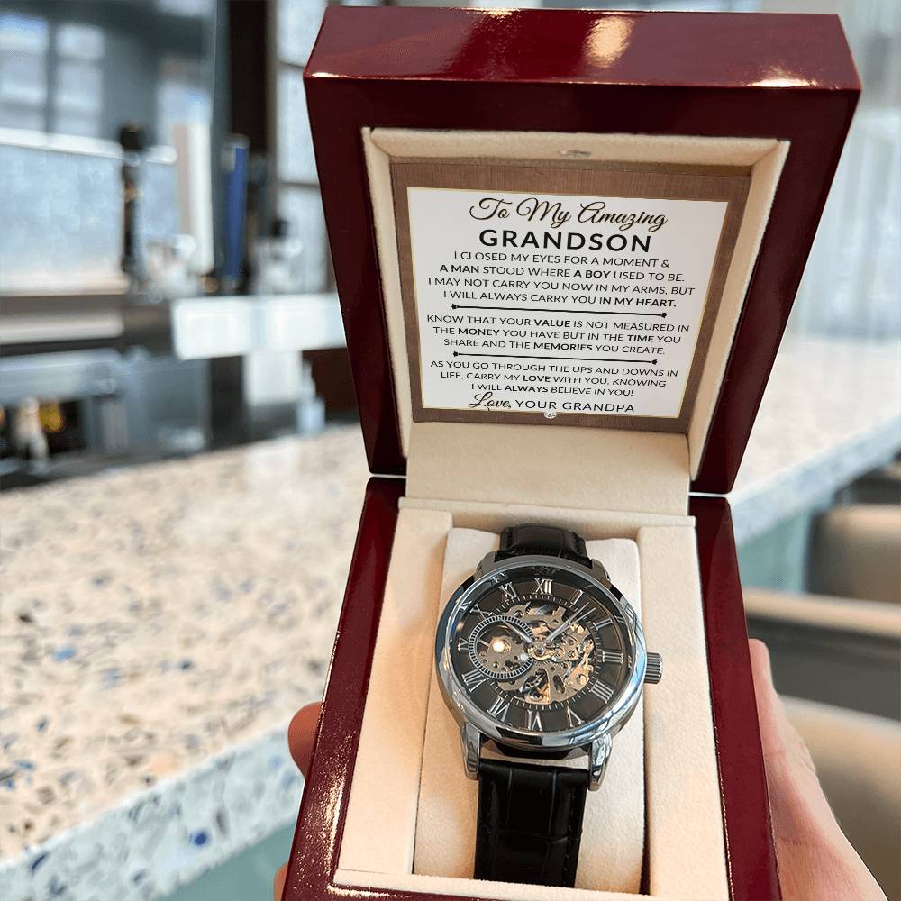 Gift For My Grandson From His Grandpa - I Closed My Eyes - Men's Openwork Skeleton Watch + LED Watch Box - Great Christmas, Birthday, or Graduation Gift