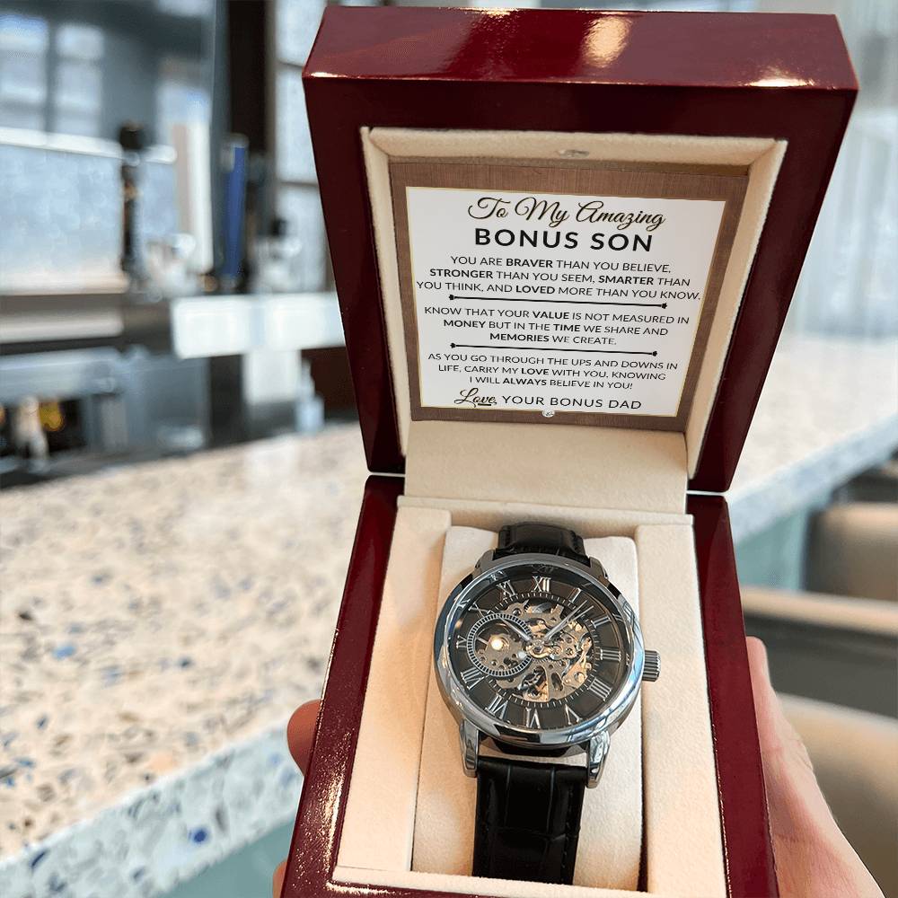 Gift For My Bonus Son From Bonus Dad - Carry My Love With You - Men's Openwork Skeleton Watch + LED Watch Box - Great Christmas, Birthday, or Graduation Gift