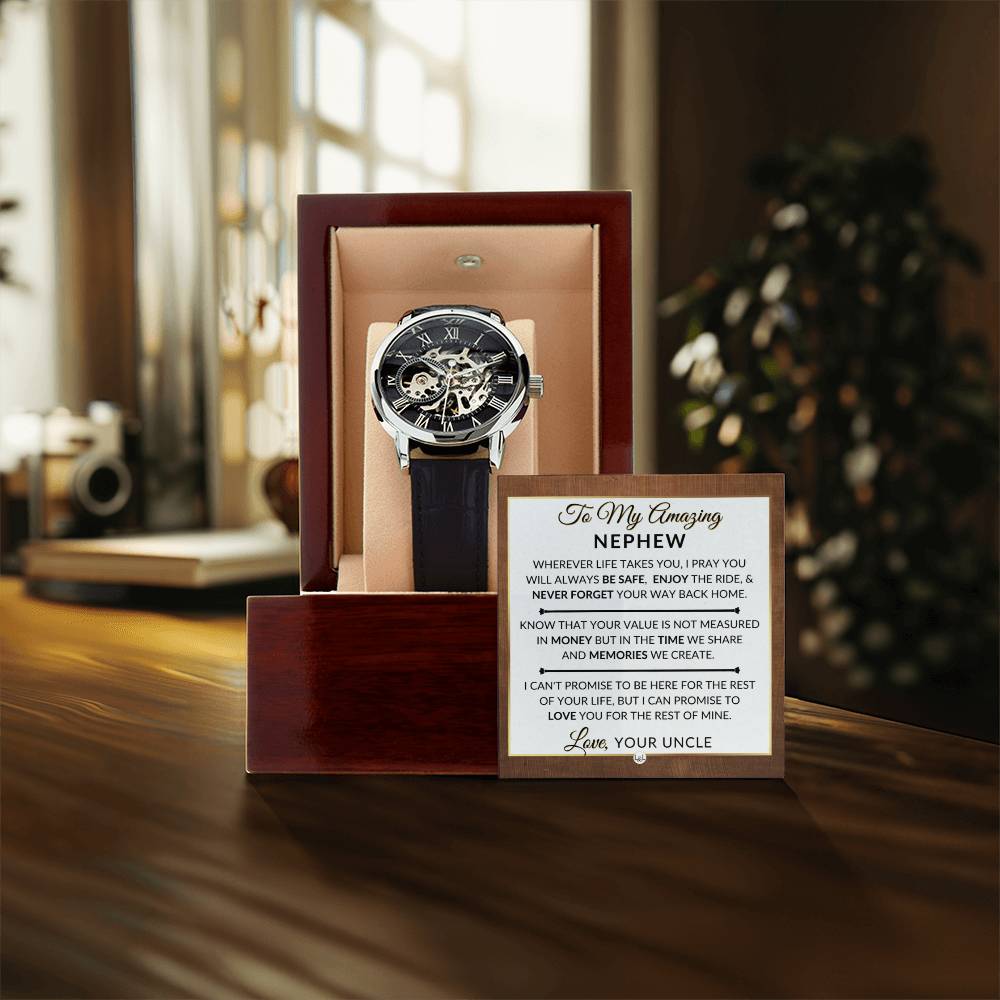 Gift For Nephew From Uncle - Never Forget Your Way Home - Men's Openwork Skeleton Watch + LED Watch Box - Great Christmas, Birthday, or Graduation Gift - Liliana and Liam
