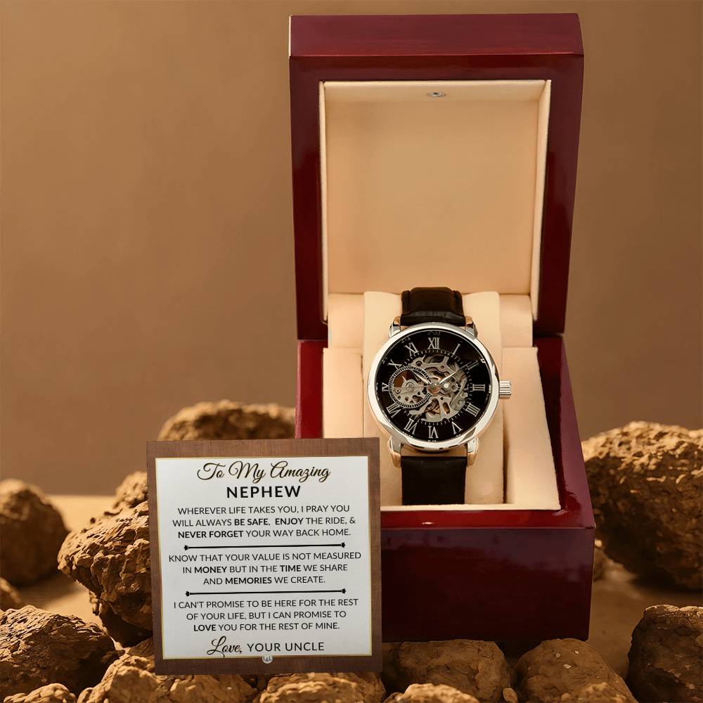 Gift For Nephew From Uncle - Never Forget Your Way Home - Men's Openwork Skeleton Watch + LED Watch Box - Great Christmas, Birthday, or Graduation Gift - Liliana and Liam