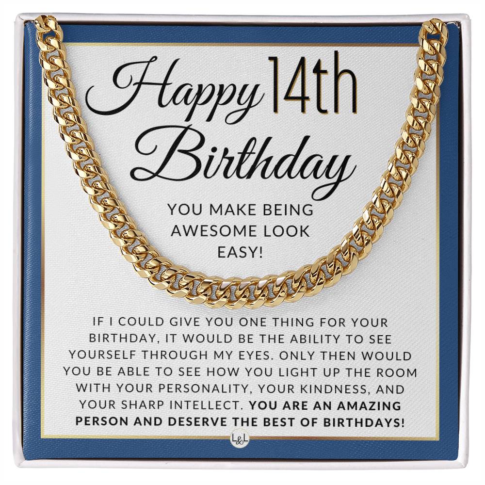 14th Birthday Gift For Him - Chain Necklace For 14 Year Old Boy Birthday - Men's Chain Necklace + Heartfelt 14th Birthday Message - Great Birthday Gift For A Young Man - Jewelry For Guys, Teenager - Liliana and Liam