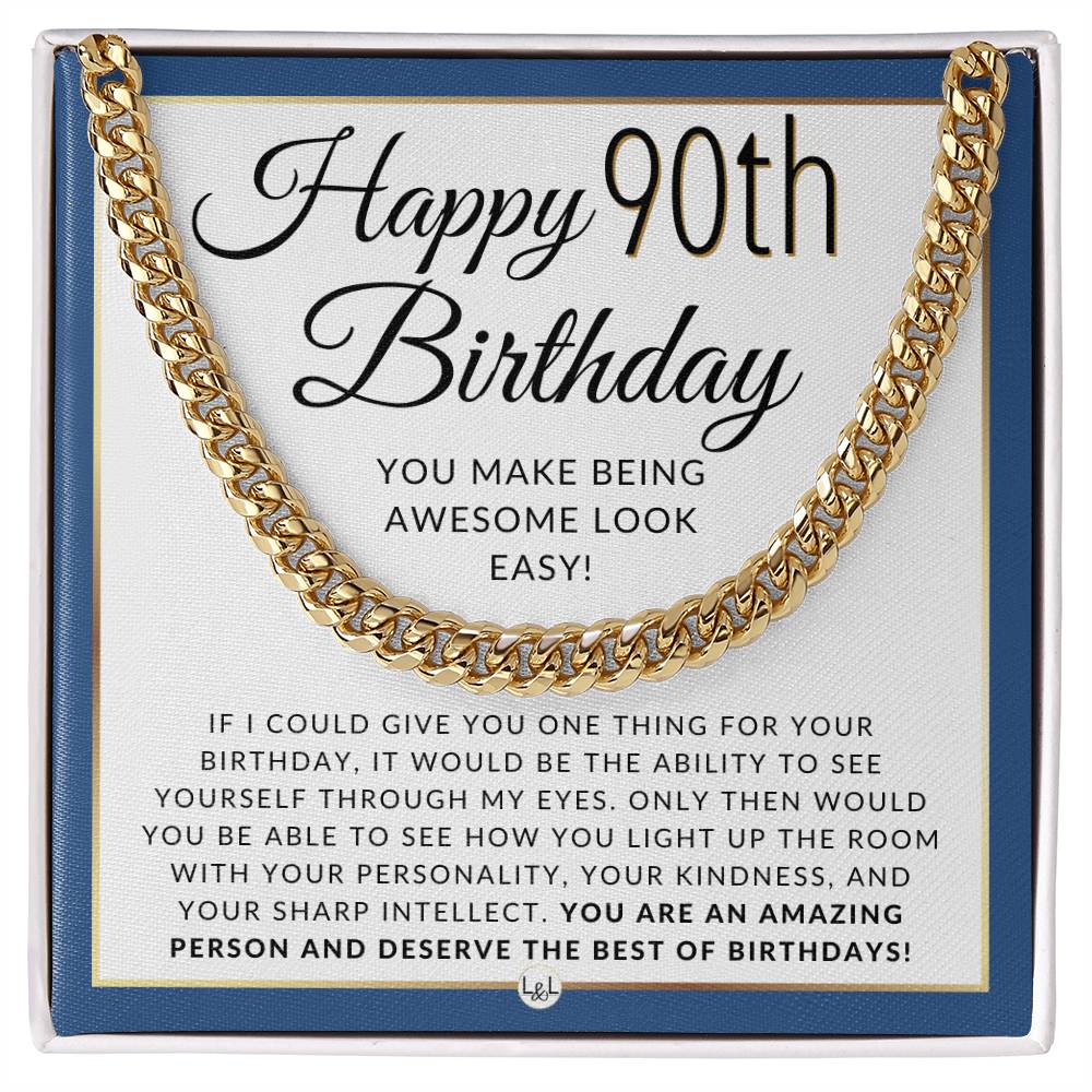 90th Birthday Gift For Him - Necklace For 90 Year Old Man's Birthday - Men's Chain Necklace + Heartfelt 90th Birthday Message - Liliana and Liam