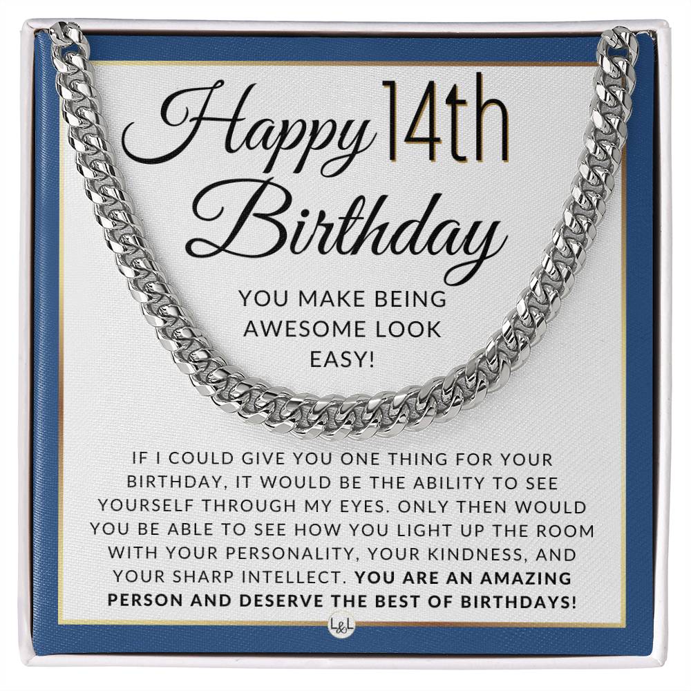 14th Birthday Gift For Him - Chain Necklace For 14 Year Old Boy Birthday - Men's Chain Necklace + Heartfelt 14th Birthday Message - Great Birthday Gift For A Young Man - Jewelry For Guys, Teenager - Liliana and Liam