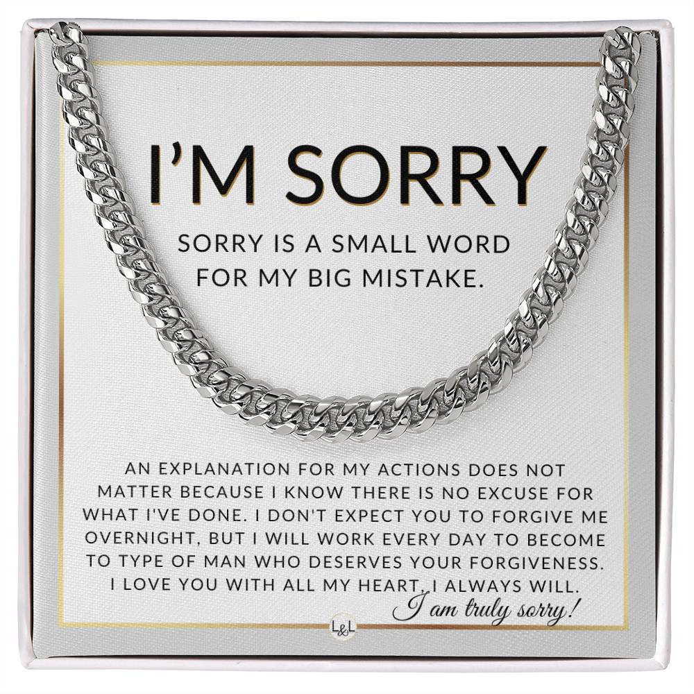 I Am Sorry Gift For Him - No Excuses - Apology Gift For Husband, Fiancé or Boyfriend - Men's Chain Necklace + Heartfelt Message - Liliana and Liam