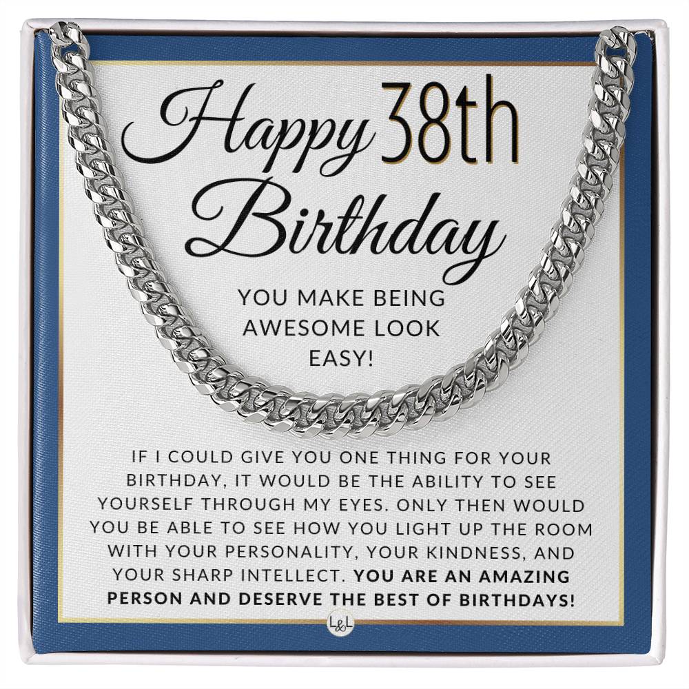 38th Birthday Gift For Him - Necklace For 38 Year Old Birthday - Men's Chain Necklace + Heartfelt 38th Birthday Message - Great Birthday Gift For A Man - Jewelry For Guys - Liliana and Liam