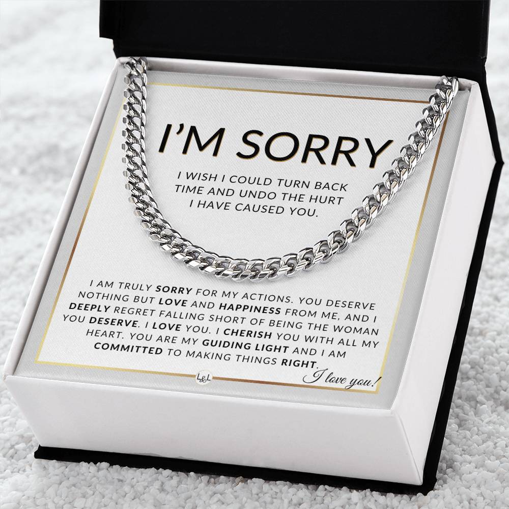 I Am Sorry Gift For Him - Sorry For My Actions - Apology Gift For Husband, Fiancé or Boyfriend - Men's Chain Necklace + Heartfelt Message - Liliana and Liam