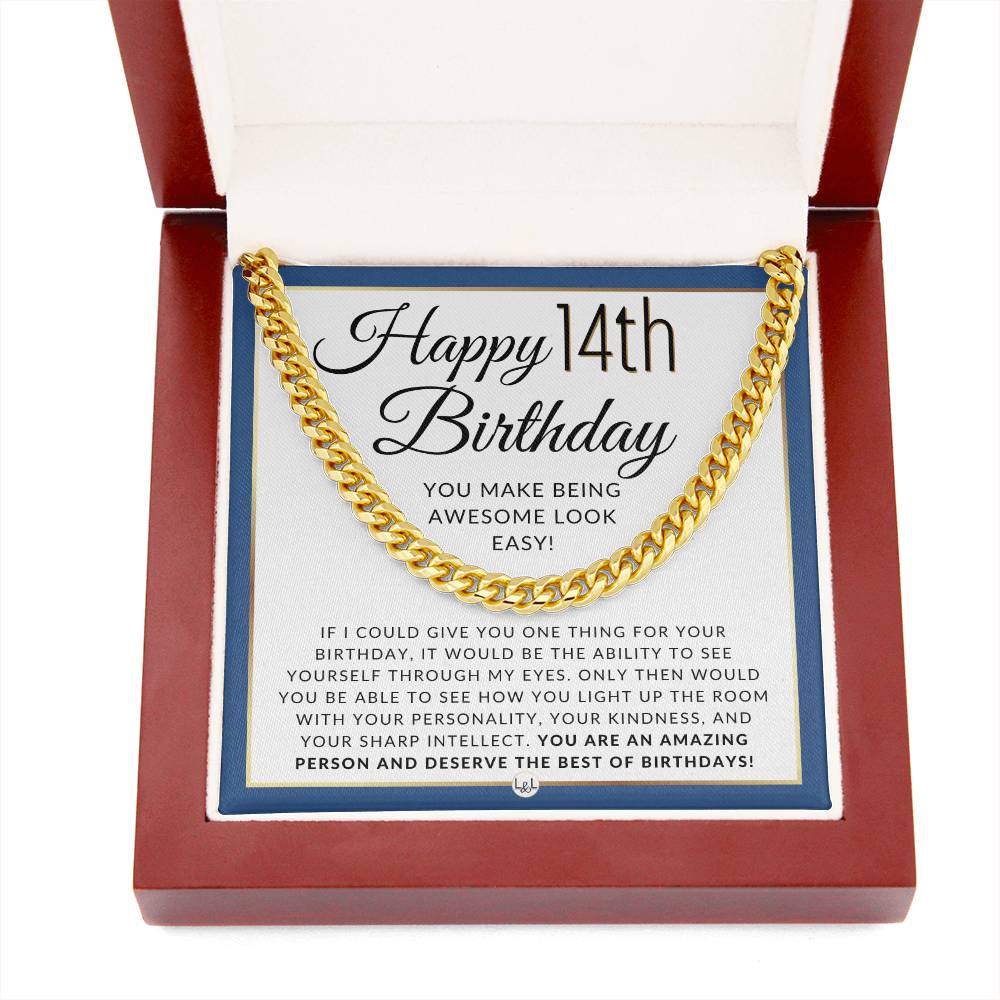 14th Birthday Gift For Him - Chain Necklace For 14 Year Old Boy Birthday - Men's Chain Necklace + Heartfelt 14th Birthday Message - Great Birthday Gift For A Young Man - Jewelry For Guys, Teenager - Liliana and Liam