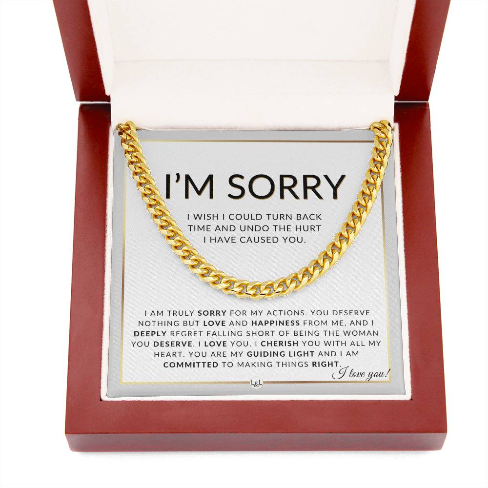 I Am Sorry Gift For Him - Sorry For My Actions - Apology Gift For Husband, Fiancé or Boyfriend - Men's Chain Necklace + Heartfelt Message - Liliana and Liam