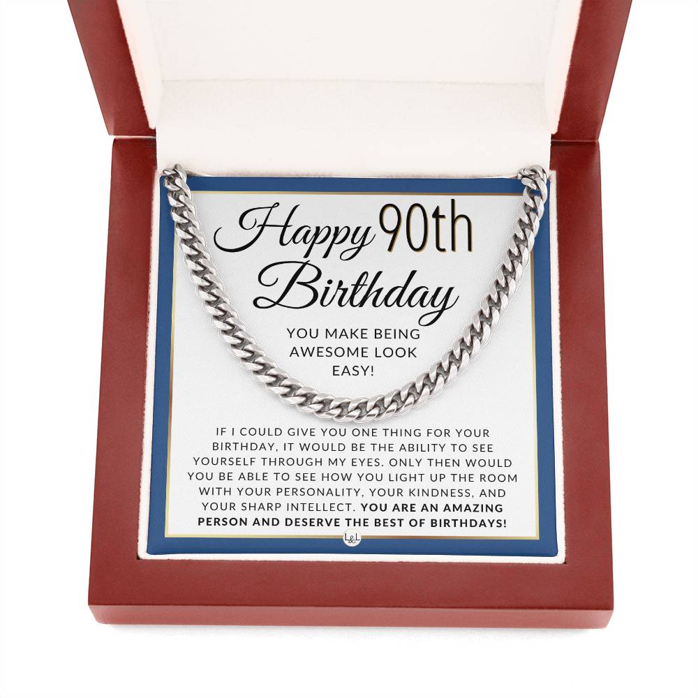 90th Birthday Gift For Him - Necklace For 90 Year Old Man's Birthday - Men's Chain Necklace + Heartfelt 90th Birthday Message - Liliana and Liam