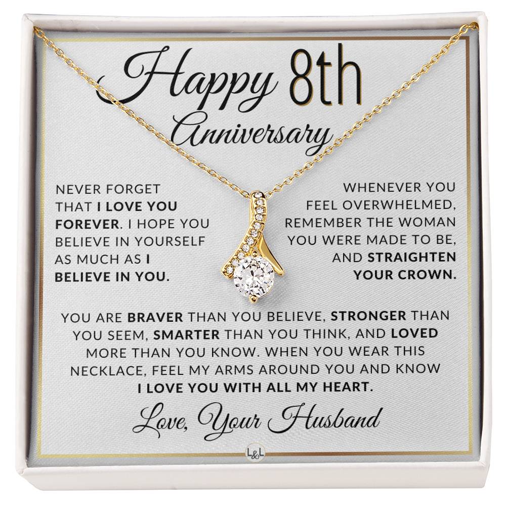 8th Anniversary Gift - Elegant Drop Pendant Necklace + Heartfelt Message for Wife - Liliana and Liam