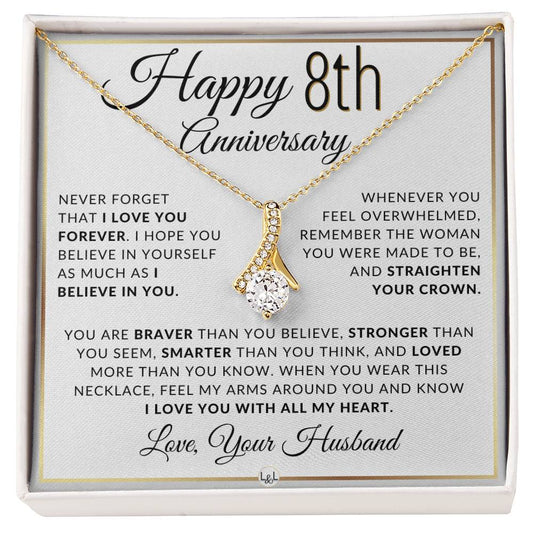 8th Anniversary Gift - Elegant Drop Pendant Necklace + Heartfelt Message for Wife - Liliana and Liam