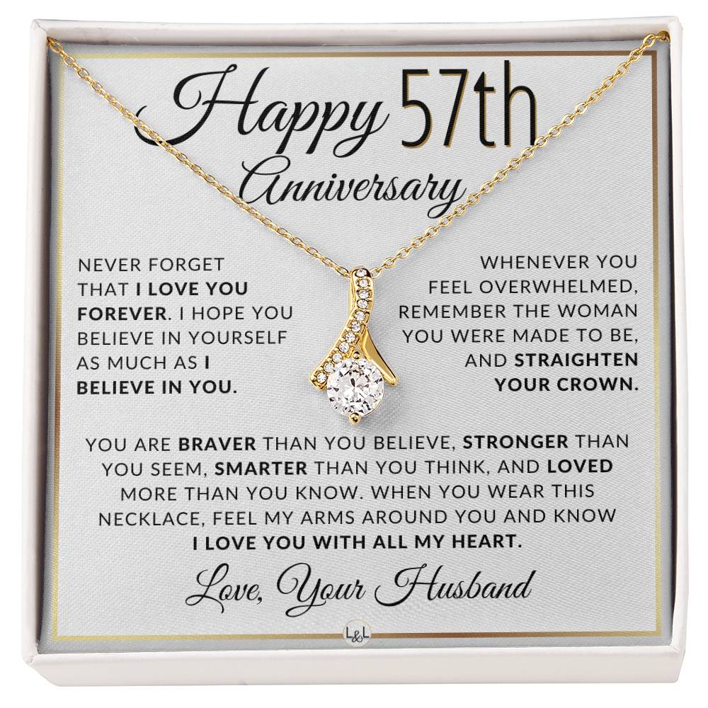 57th Anniversary Gift - Elegant Drop Pendant Necklace + Heartfelt Message for Wife - Liliana and Liam