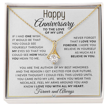 Anniversary Gift For Her - One Wish - Anniversary Gift Idea For Wife, Girlfriend or Fiancée - Drop Pendant Necklace + Heartfelt Anniversary Message - Liliana and Liam