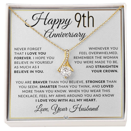 9th Anniversary Gift - Elegant Drop Pendant Necklace + Heartfelt Message for Wife - Liliana and Liam