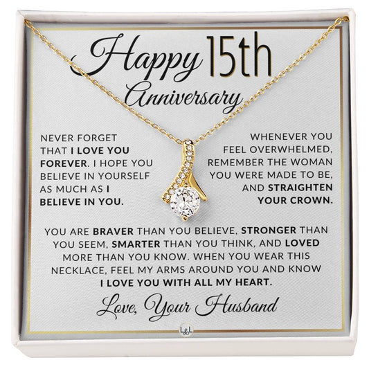 15th Anniversary Gift - Elegant Drop Pendant Necklace + Heartfelt Message for Wife - Liliana and Liam